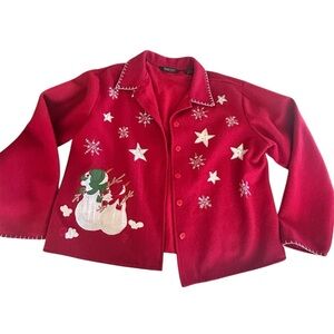 Snowman Star Embroidered Christmas Holiday Jacket XL Wool Red